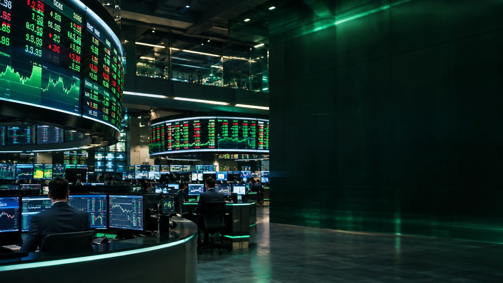 Modern stock exchange trading floor with large screens of green and red tickers