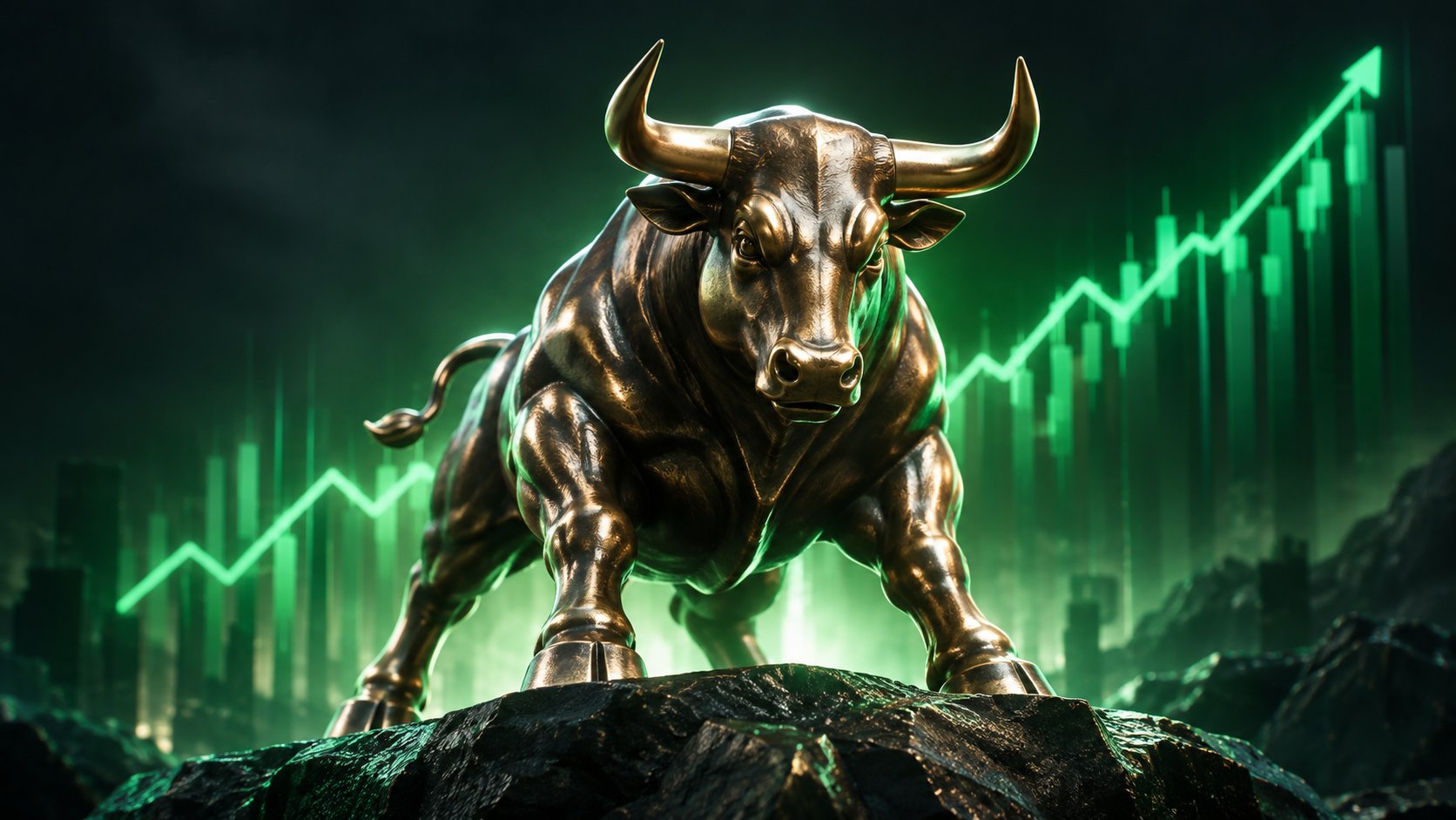 Powerful bronze bull statue with rising green chart lines behind it