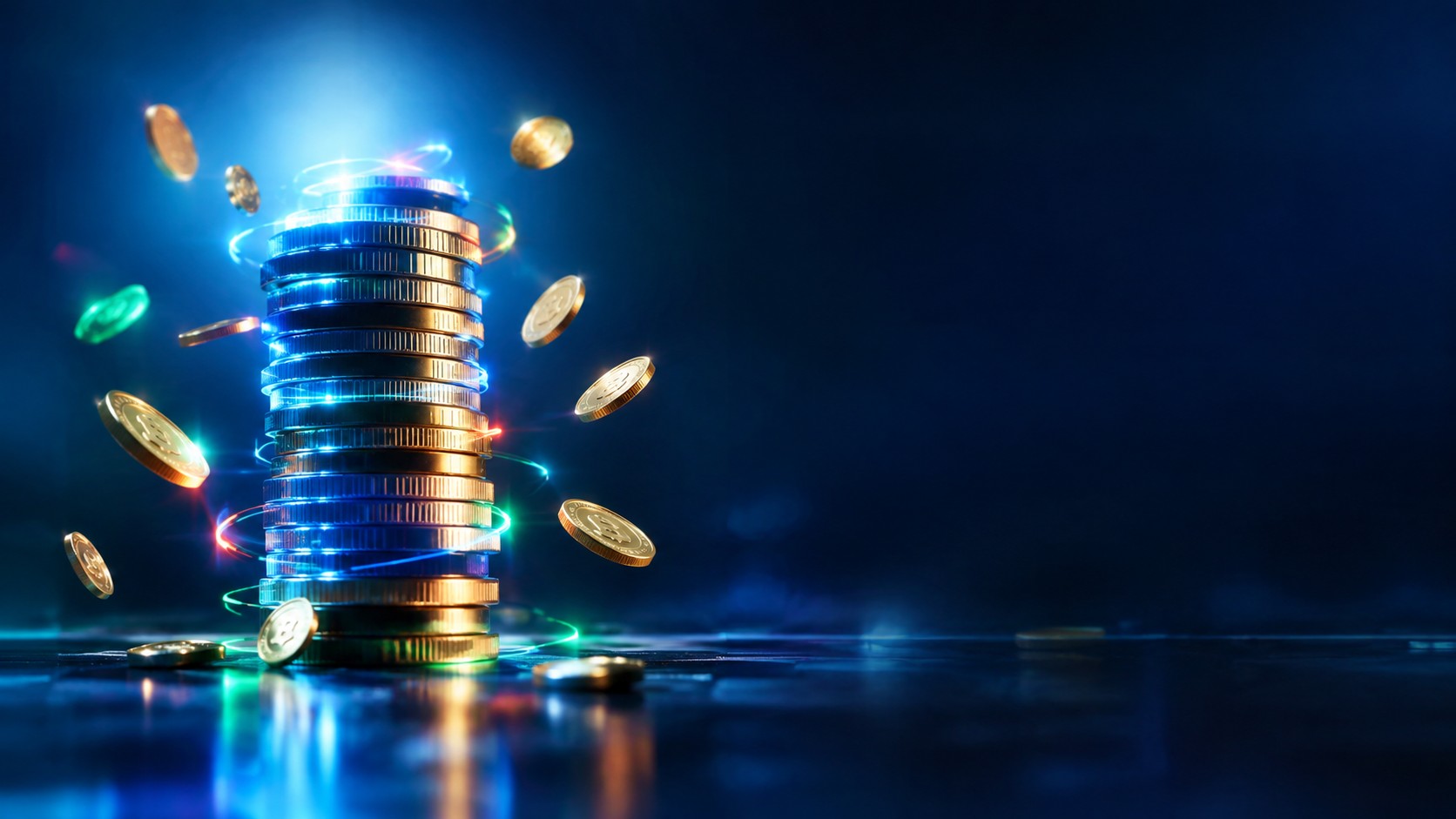 Coins stacked into a glowing tower that emits small reward coins